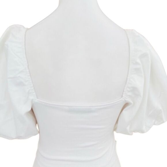 ZARA white ribbed square neck ruched side top with balloon sleeves size M. - Picture 4 of 9